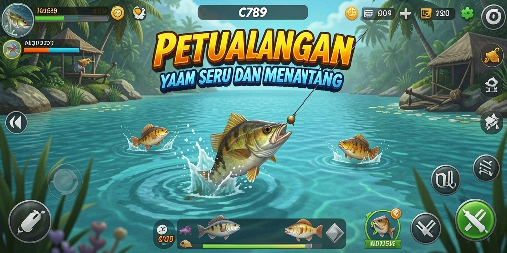 Tampilan gameplay C789 saat memancing ikan di laut yang biru.