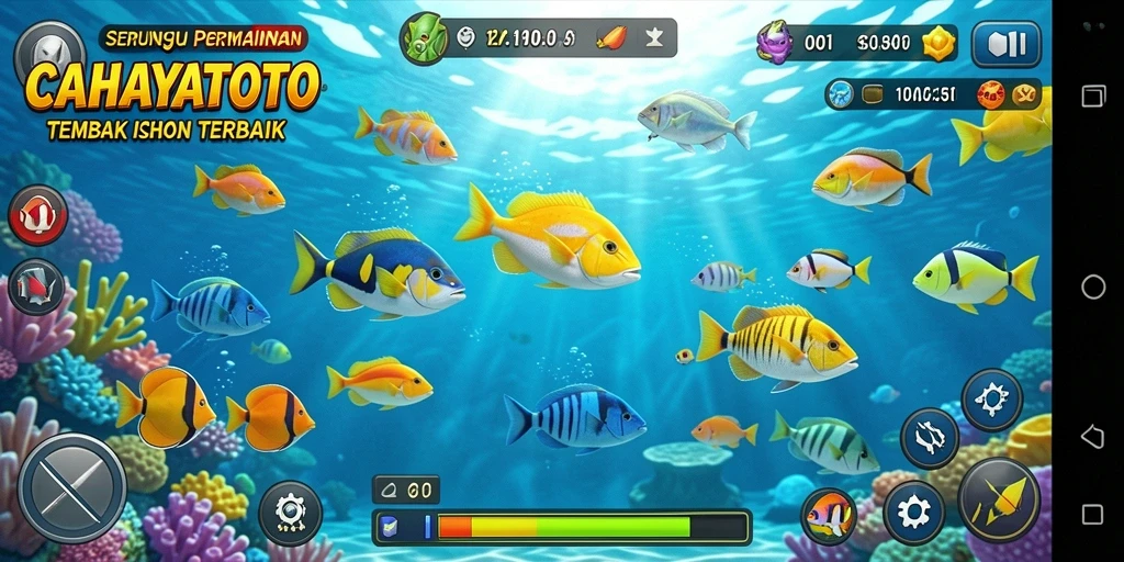 Tampilan gameplay <strong>CAHAYATOTO</strong> saat menembak ikan yang berwarna-warni.