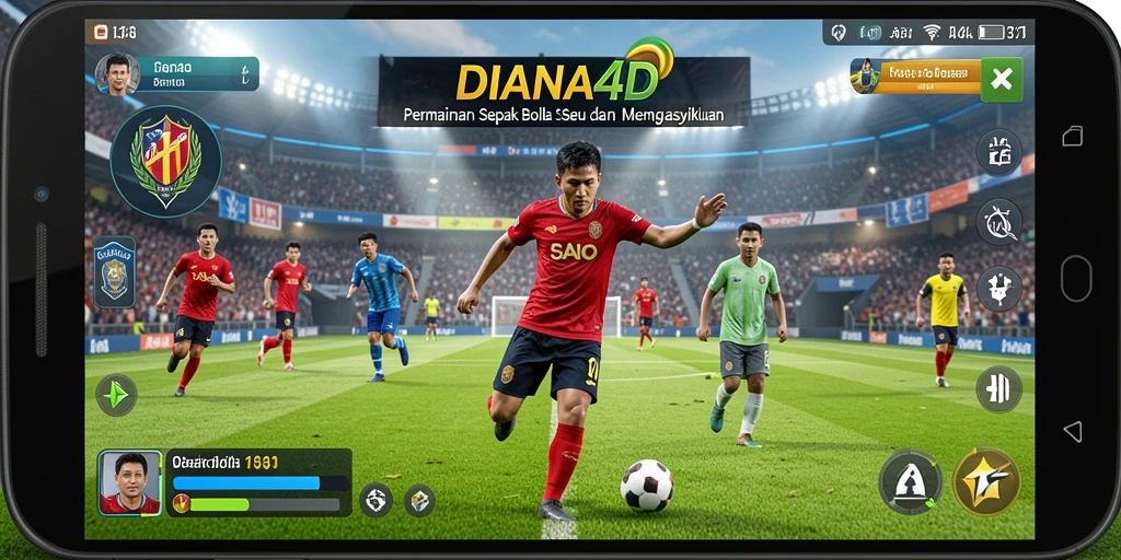 Tangkapan layar utama DIANA4D menampilkan aksi seru di lapangan sepak bola.