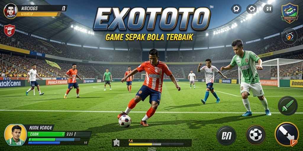 Screenshot EXOTOTO menampilkan aksi seru dalam permainan sepak bola.