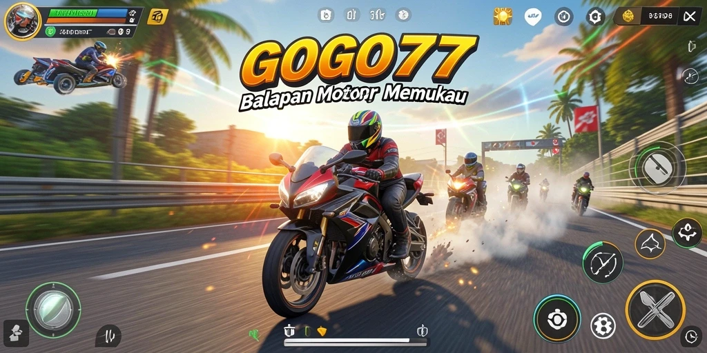 Screenshot utama GOGO77 menampilkan balapan motor yang intens dan mendebarkan.