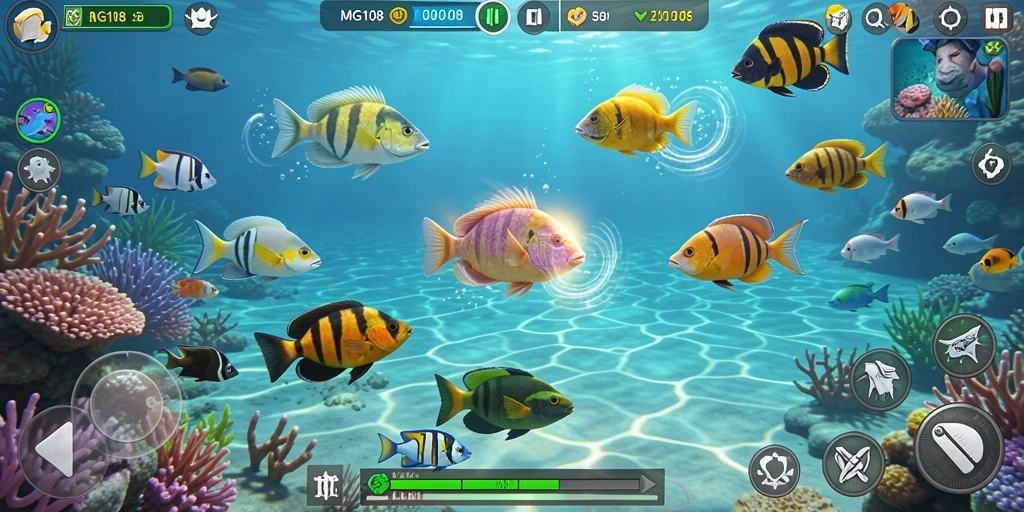 Screenshot gameplay MG108 menampilkan aksi menangkap ikan yang seru.
