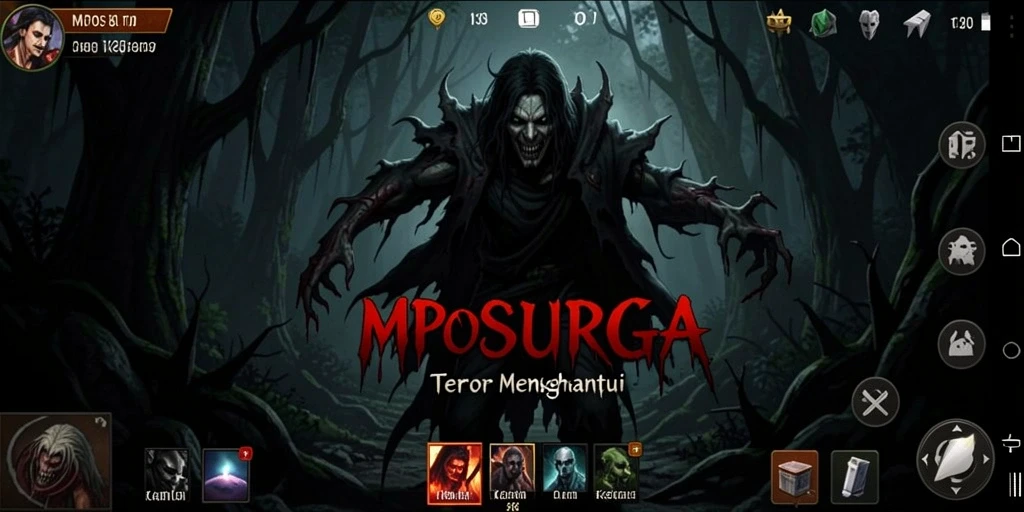 Screenshot gameplay <strong>MPOSURGA</strong> menampilkan suasana mencekam dan karakter menyeramkan.