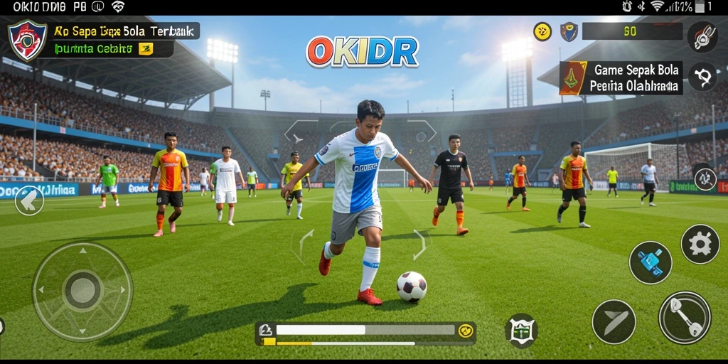Screenshot utama OKIDR menampilkan aksi intens pertandingan sepak bola.