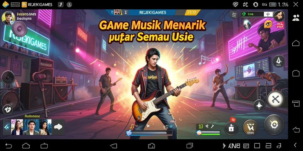 Tampilan utama gameplay REJEKIGAMES dengan berbagai genre musik.