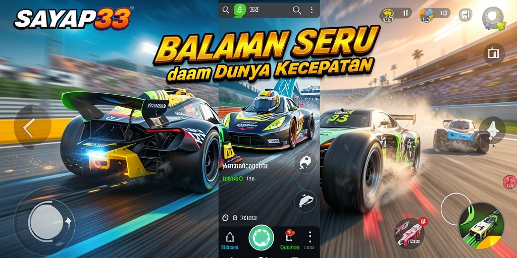 Screenshot utama SAYAP33 menampilkan aksi balapan yang mendebarkan.