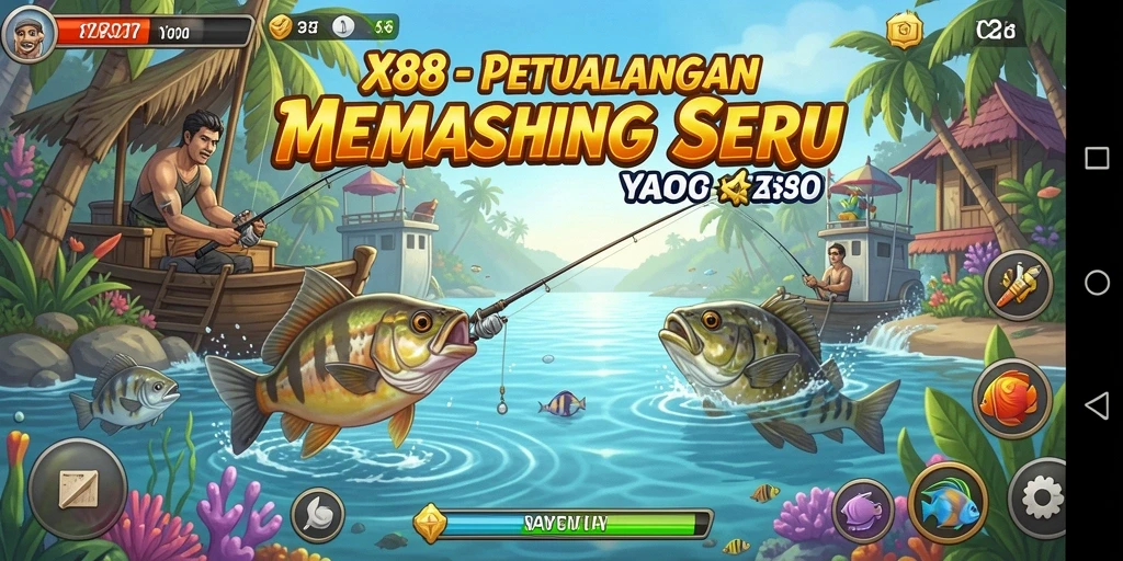 Gameplay X88 yang mendebarkan dengan beragam ikan dan lokasi memancing.